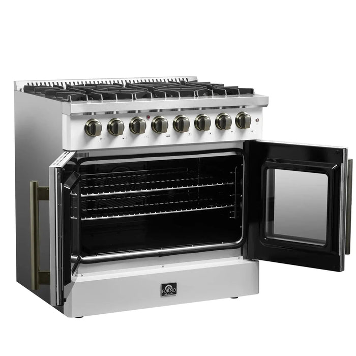 Forno Galiano 36"French DoorDual Fuel Range, Gas Stove, Electric Oven White, Antique Brass Trim, FFSGS6356-36WHT
