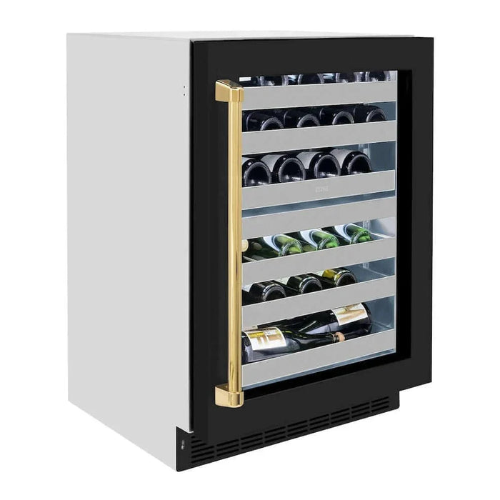 ZLINE 24" Touchstone Dual Zone 44 Bottle Wine Cooler Black Matte Glass Door Polished Gold Handle RWDOZ-BLM-24-G