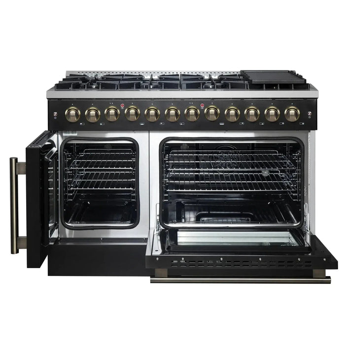 Forno Galiano 48" French Door Dual Fuel Range, 8 Burners, Electric Convection Oven, Black Antique Brass Trim, FFSGS6356-48BLK