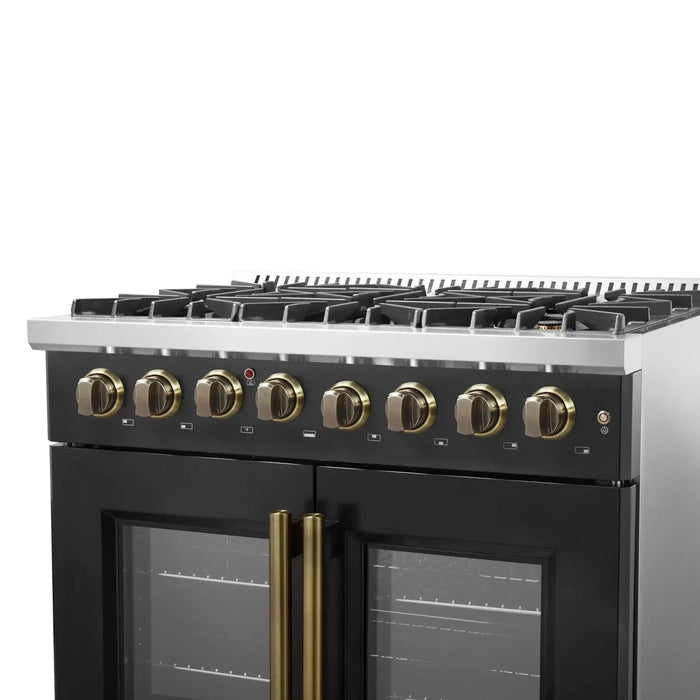 Forno Galiano 36"French DoorDual Fuel Range, Gas Stove, Electric Oven Black, Antique Brass Trim, FFSGS6356-36BLK
