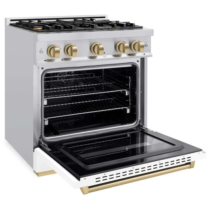 ZLINE 30" Dual Fuel Range, Gas Cooktop, Electric Convection Oven Stainless Steel, White Matte Champagne Bronze CDRZ-WM-30-CB