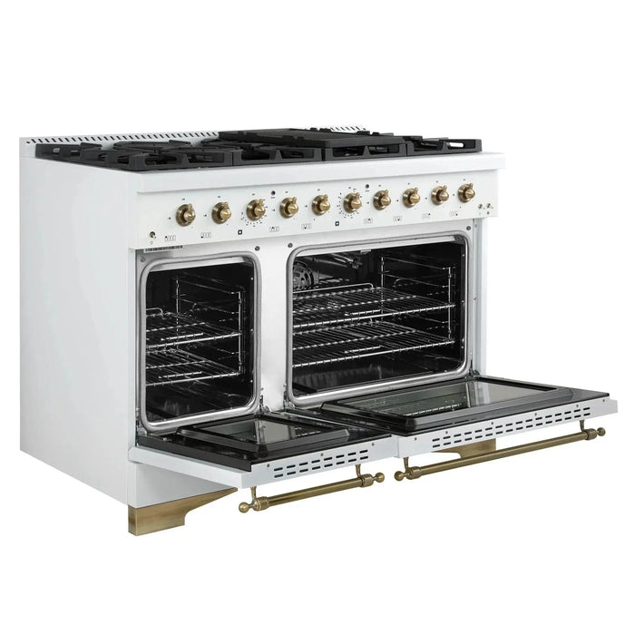 Forno Antico 48"Dual Range, 8 Gas Burner Cooktop, Electric Convection Oven White, Antique Brass Trim, FFSGS6113-48WHT