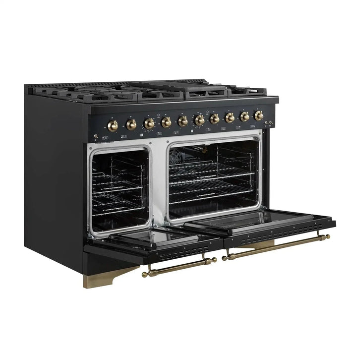 Forno Antico 48"Gas Range 8 Gas Burner Cooktop, Gas Convection Oven Black, Antique Brass Trim, FFSGS6219-48BLK