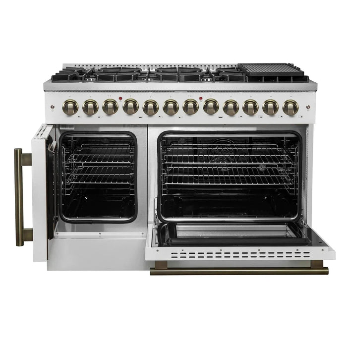 Forno Galiano 48" French Door Dual Fuel Range, 8 Burners, Electric Convection Oven, White Antique Brass Trim, FFSGS6356-48WHT