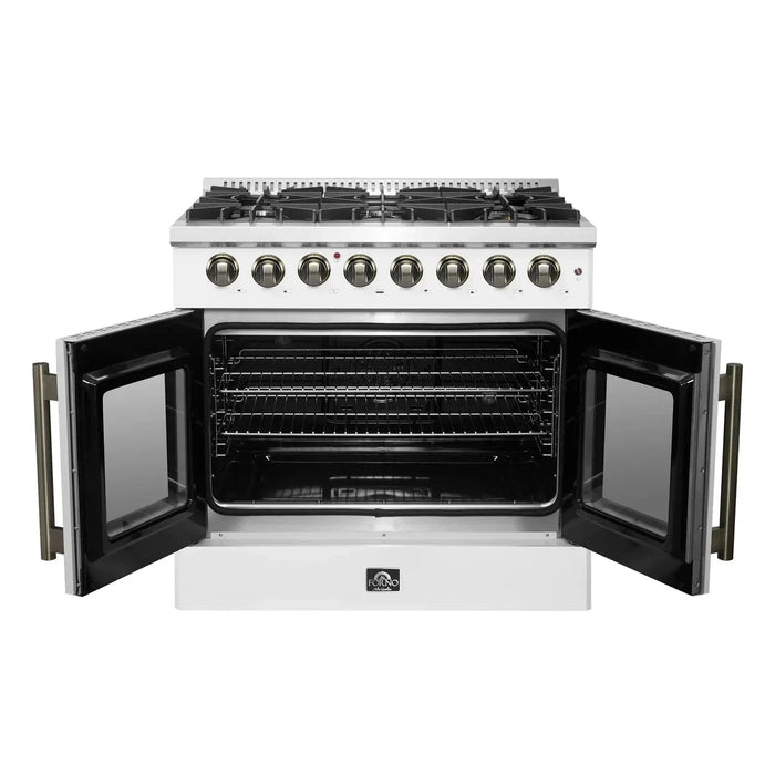 Forno Galiano 36"French DoorDual Fuel Range, Gas Stove, Electric Oven White, Antique Brass Trim, FFSGS6356-36WHT