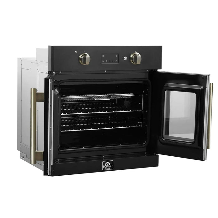 Forno Asti 30"French Door Electric Wall Oven in Black with Antique Brass Trim, FBOEL1333-30BLK