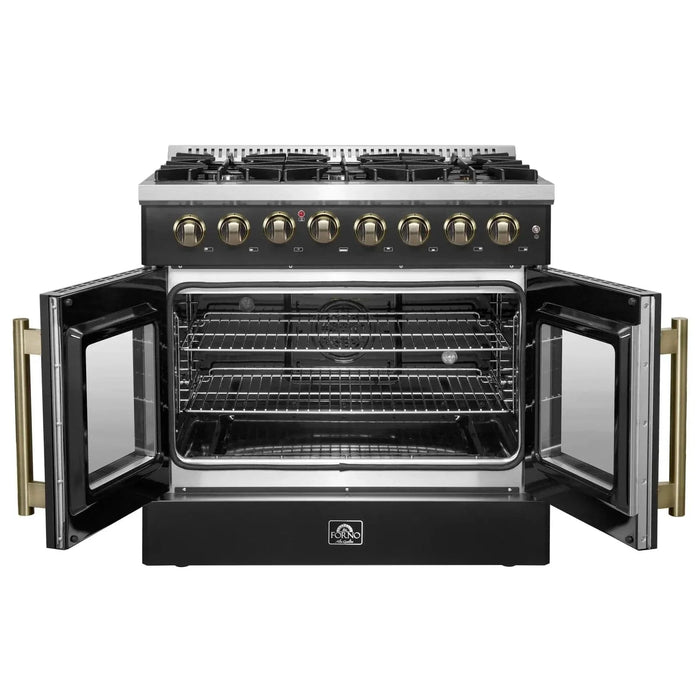 Forno Galiano 36"French DoorDual Fuel Range, Gas Stove, Electric Oven Black, Antique Brass Trim, FFSGS6356-36BLK