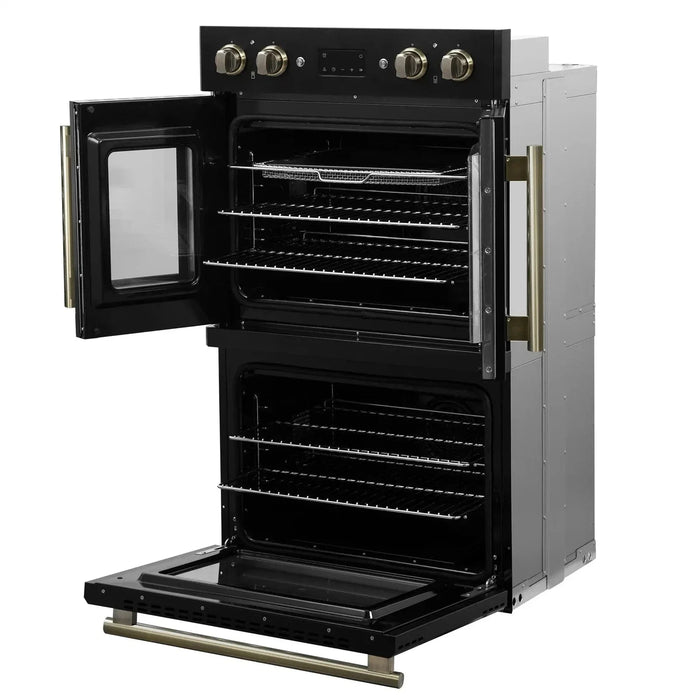Forno Asti 30" Double Electric Wall Oven, Upper French Doors, Black with Antique Brass Trim, FBOEL1340-30BLK