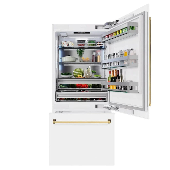 ZLINE 36" Built-In Bottom Freezer Refrigerator,Water Dispenser, Ice Maker, White Matte Polished Gold RBITZ-WM-36-G09K