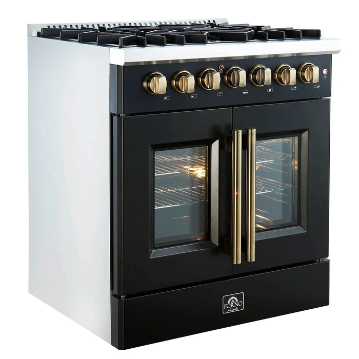 Forno Galiano 30"French Door Dual Fuel Range 5 Gas Burners, Electric Convection Oven Black, Antique Brass Trim, FFSGS6356-30BLK