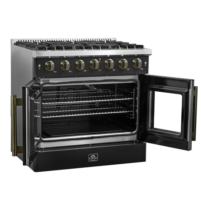 Forno Galiano 36." French Door All Gas Range, Black, Antique Brass Trim,FFSGS6444-36BLK