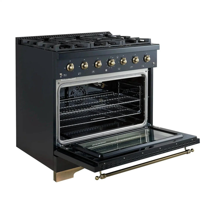 Forno Antico 36" Dual Fuel Range 6 Gas Burner Cooktop Electric Convection Oven Black Antique Brass Trim, FFSGS6113-36BLK