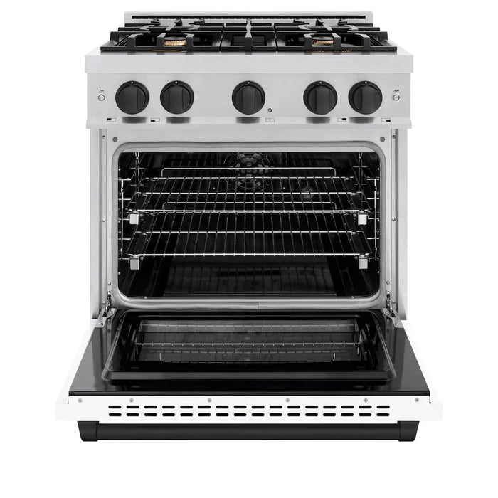 ZLINE 30" Select Dual Fuel Range Gas Cooktop Electric Convection Oven Stainless Steel White Matte Doors Matte Black HDRZ-WM-30-MB09K