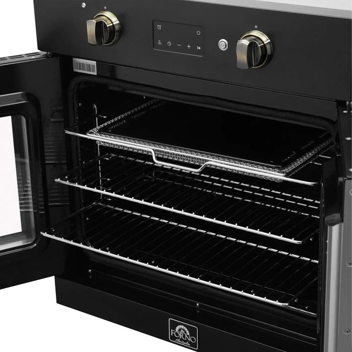 Forno Asti 30"French Door Electric Wall Oven in Black with Antique Brass Trim, FBOEL1333-30BLK