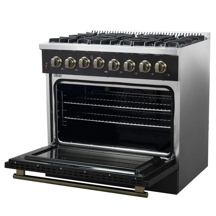 Forno Galiano Gold Professional - 36"Freestanding Dual Fuel Range Gas Stove, Electric Oven Black, Antique Brass Trim, FFSGS6156-36BLK