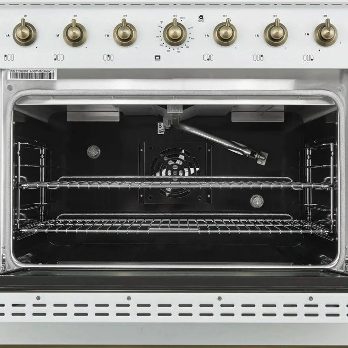 Forno Antico 36" Gas Range 6 Gas Burner Cooktop, Gas Convection Oven White, Antique Brass Trim, FFSGS6219-36WHT