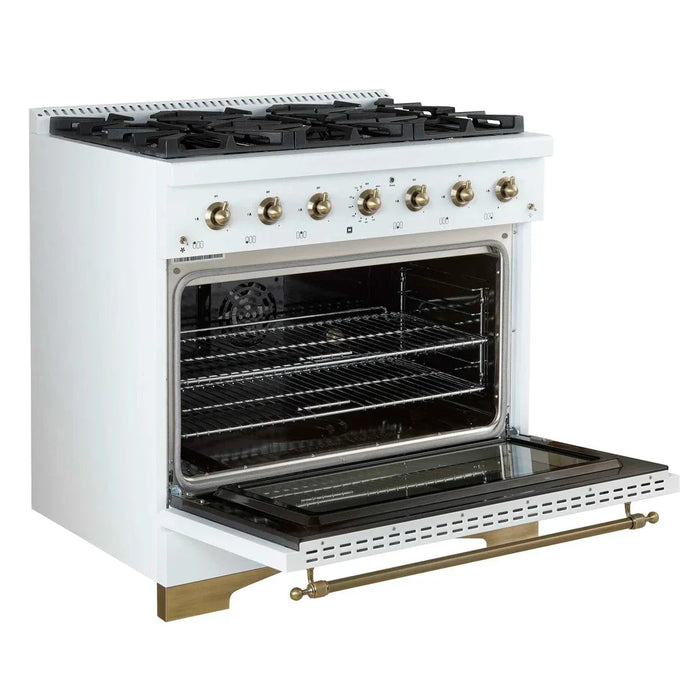 Forno Antico 36" Dual Fuel Range White and Antique Brass Design 6 Sealed Gas Burners Electric Convection Oven , FFSGS6113-36WHT