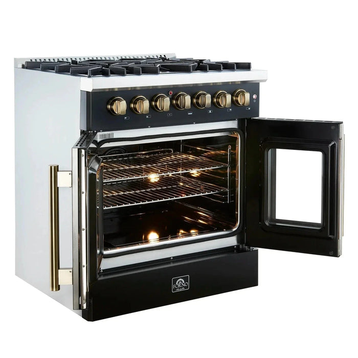 Forno Galiano 30"French Door Dual Fuel Range 5 Gas Burners, Electric Convection Oven Black, Antique Brass Trim, FFSGS6356-30BLK
