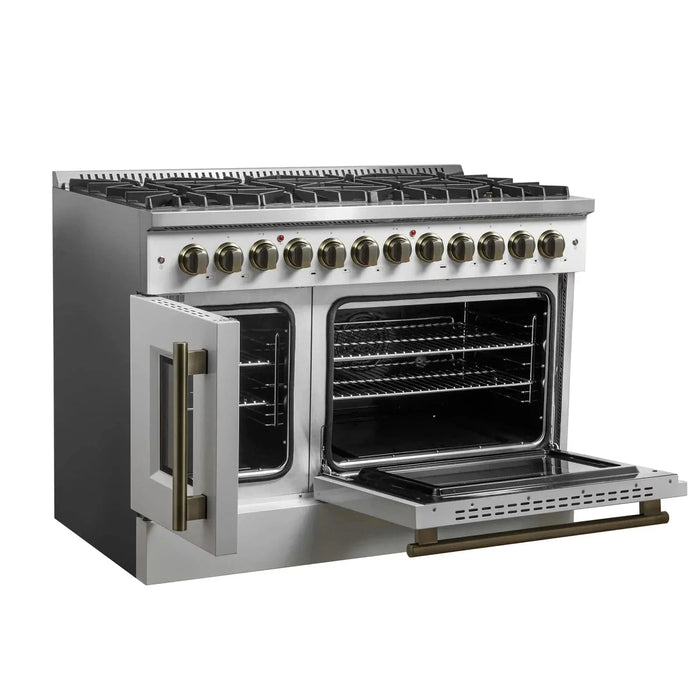 Forno Galiano 48" French Door Dual Fuel Range, 8 Burners, Electric Convection Oven, White Antique Brass Trim, FFSGS6356-48WHT