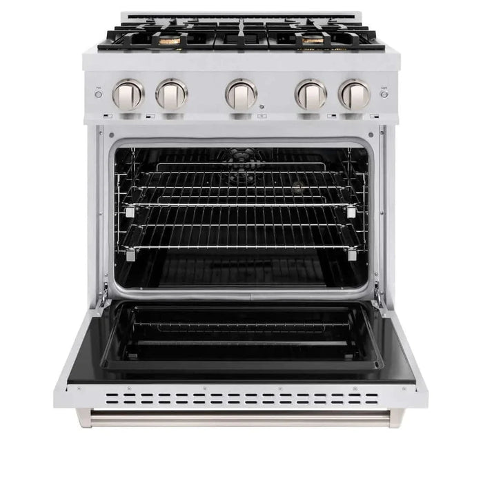ZLINE 30" Dual Fuel Range, Gas Cooktop, Electric Convection Oven DuraSnow® Stainless Steel, Brass Burners CDRS-BR-30