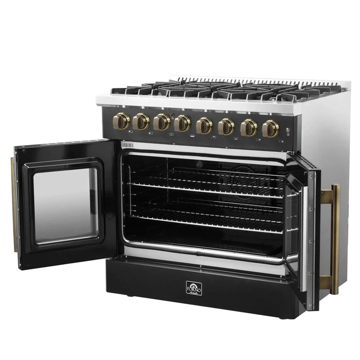 Forno Galiano 36"French DoorDual Fuel Range, Gas Stove, Electric Oven Black, Antique Brass Trim, FFSGS6356-36BLK