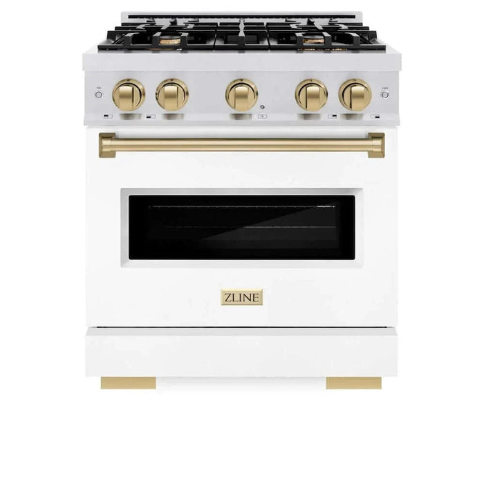 ZLINE 30" Dual Fuel Range, Gas Cooktop, Electric Convection Oven DuraSnow® Stainless Steel, White Matte Door, Champagne Bronze CDRSZ-WM-30-CB