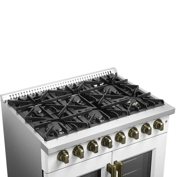 Forno Galiano 36"French DoorDual Fuel Range, Gas Stove, Electric Oven White, Antique Brass Trim, FFSGS6356-36WHT