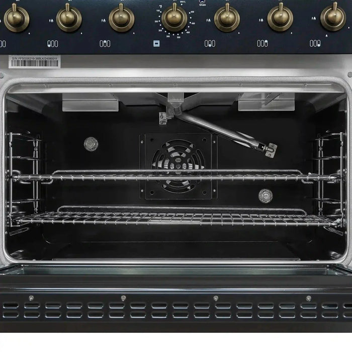 Forno Antico 36" Dual Fuel Range 6 Gas Burner Cooktop Electric Convection Oven Black Antique Brass Trim, FFSGS6113-36BLK