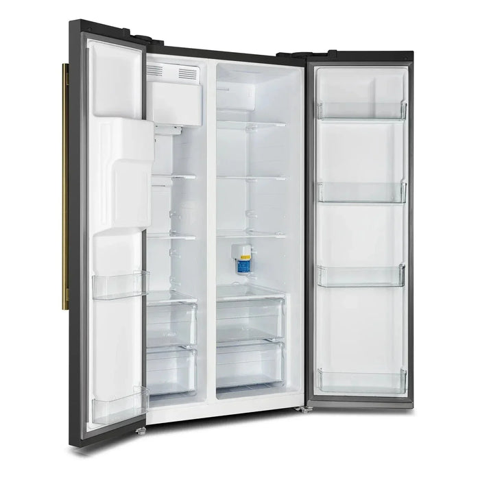 Forno Espresso Salerno 36"Side-by-Side Refrigerator, Water Dispenser, Black with Antique Brass Handle FFRBI1844-36BLK09K
