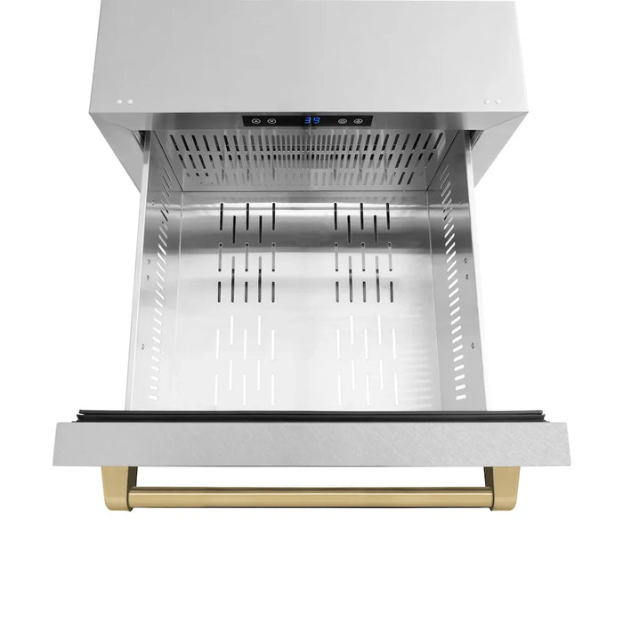 ZLINE Autograph Edition 24" Touchstone 168 Can Outdoor-Rated Dual Refrigerator Drawer, Satin Stainless Steel Door, Accents  RDSOZ-SN-24-CB