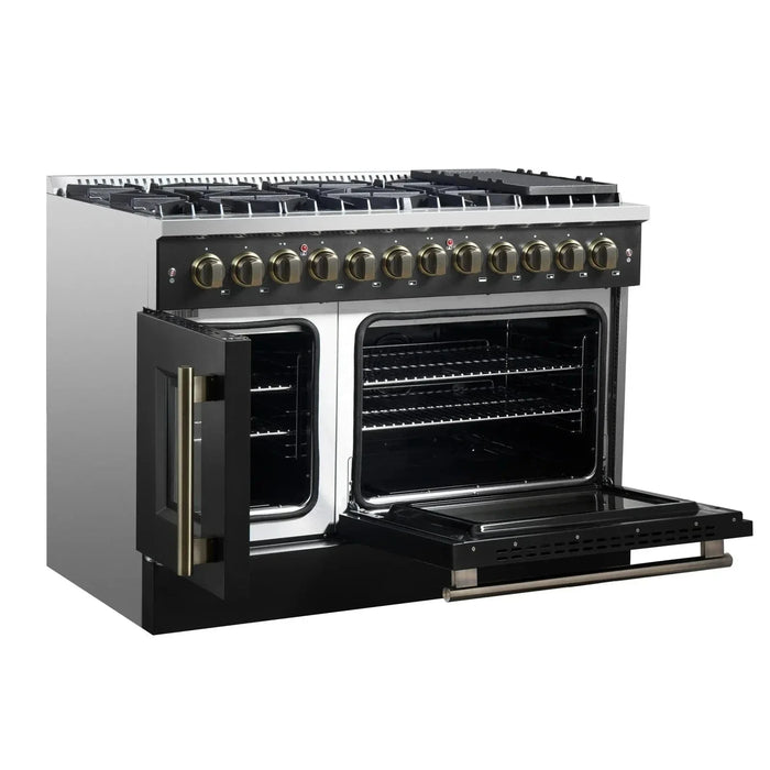 Forno Galiano 48" French Door Dual Fuel Range, 8 Burners, Electric Convection Oven, Black Antique Brass Trim, FFSGS6356-48BLK