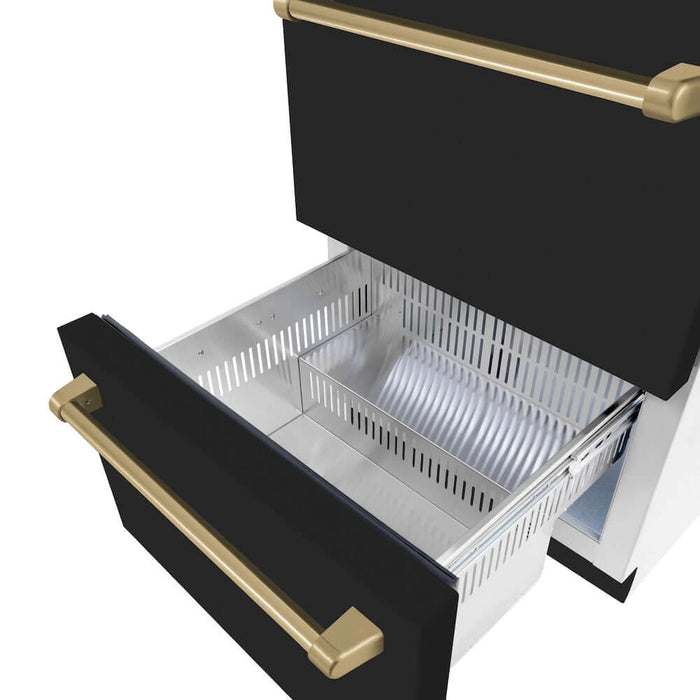 ZLINE Autograph Edition 24" Touchstone 168 Can Outdoor-Rated Dual Refrigerator Drawer, Black Stainless Steel Door, Accents  RDSOZ-BS-24-CB