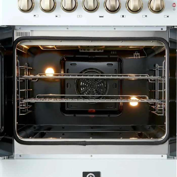 Forno Galiano 30"French Door Dual Fuel Range 5 Gas Burners, Electric Convection Oven White, Antique Brass Trim, FFSGS6356-30WHT