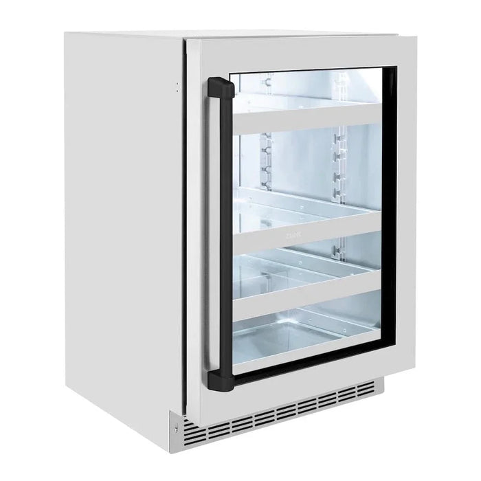 ZLINE 24" Touchstone 151 Can Beverage Fridge DuraSnow® Stainless Steel Glass Door Polished Gold Handle RBSOZ-SN-24-G