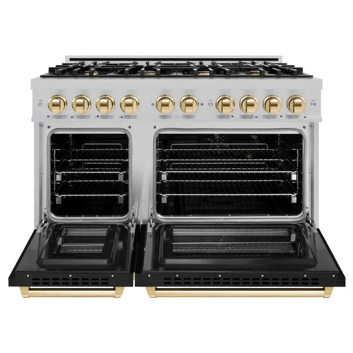ZLINE 48" Select Gas Range  Convection Gas Oven DuraSnow® Stainless Steel Black Matte Door Gold HGRSZ-BLM-48-G09K