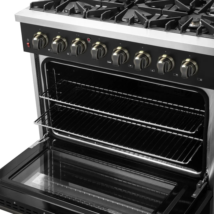 Forno Galiano Gold Professional - 36"Freestanding Dual Fuel Range Gas Stove, Electric Oven Black, Antique Brass Trim, FFSGS6156-36BLK