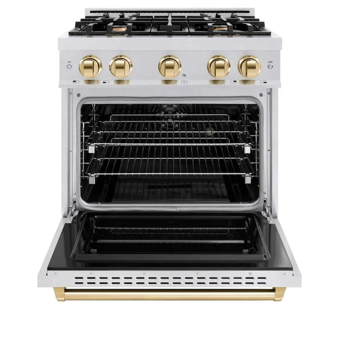 ZLINE 30" Dual Fuel Range, Gas Cooktop, Electric Convection Oven DuraSnow® Stainless Steel, Gold CDRSZ-30-G