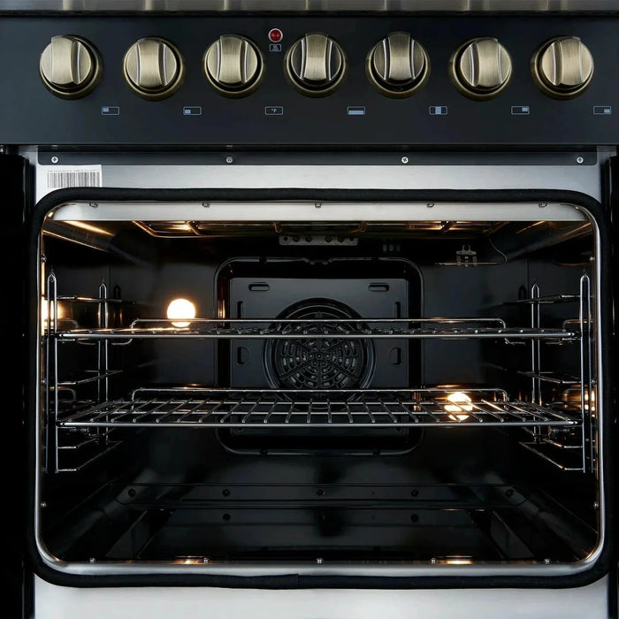 Forno Galiano 30"French Door Dual Fuel Range 5 Gas Burners, Electric Convection Oven Black, Antique Brass Trim, FFSGS6356-30BLK