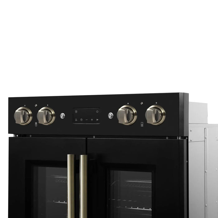Forno Asti 30" Double Electric Wall Oven, Upper French Doors, Black with Antique Brass Trim, FBOEL1340-30BLK