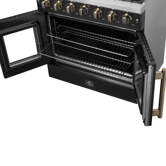 Forno Galiano 36." French Door All Gas Range, Black, Antique Brass Trim,FFSGS6444-36BLK