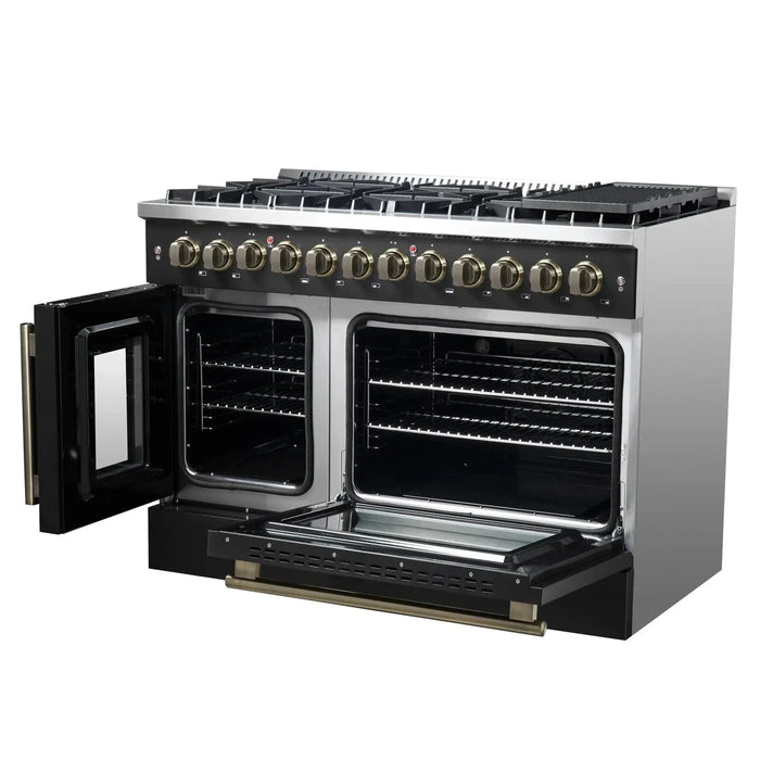 Forno Galiano 48" French Door Dual Fuel Range, 8 Burners, Electric Convection Oven, Black Antique Brass Trim, FFSGS6356-48BLK