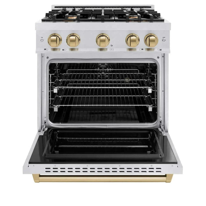 ZLINE 30" Dual Fuel Range, Gas Cooktop, Electric Convection Oven DuraSnow® Stainless Steel, Champagne Bronze CDRSZ-30-CB