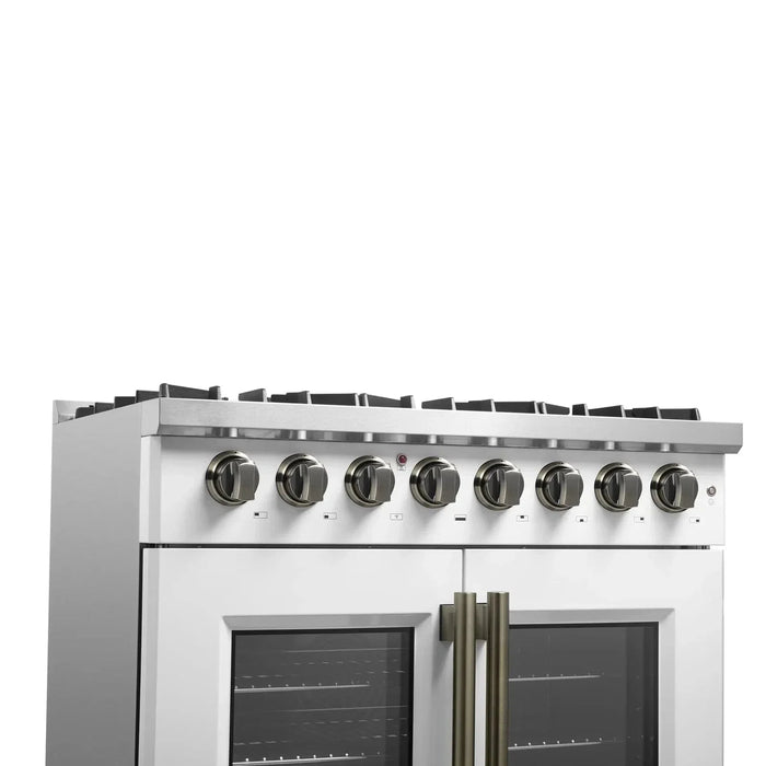 Forno Galiano 36"French DoorDual Fuel Range, Gas Stove, Electric Oven White, Antique Brass Trim, FFSGS6356-36WHT