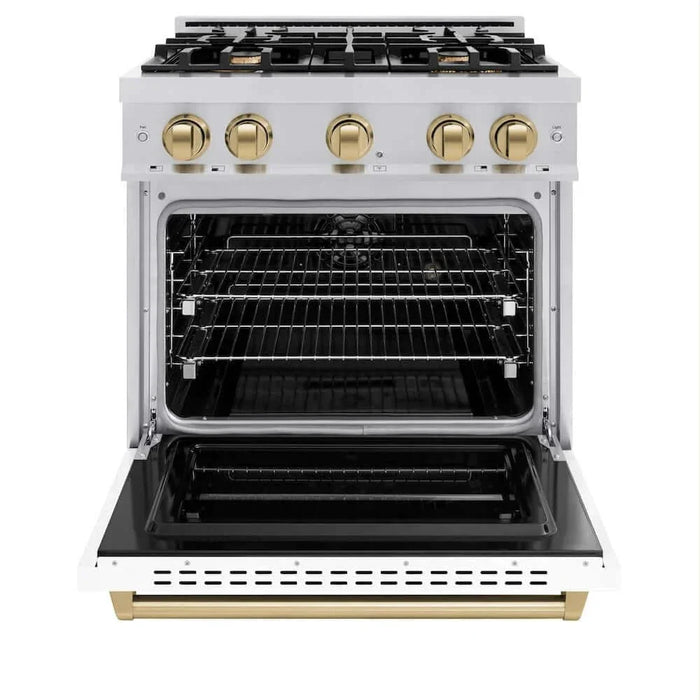 ZLINE 30" Dual Fuel Range, Gas Cooktop, Electric Convection Oven Stainless Steel, White Matte Champagne Bronze CDRZ-WM-30-CB