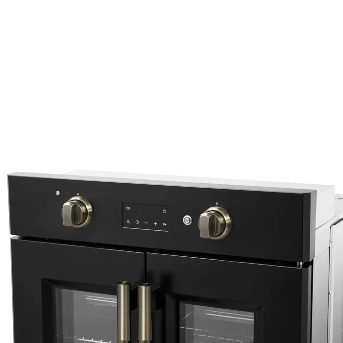 Forno Asti 30"French Door Electric Wall Oven in Black with Antique Brass Trim, FBOEL1333-30BLK