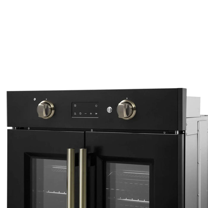 Forno Asti 30"French Door Electric Wall Oven in Black with Antique Brass Trim, FBOEL1333-30BLK