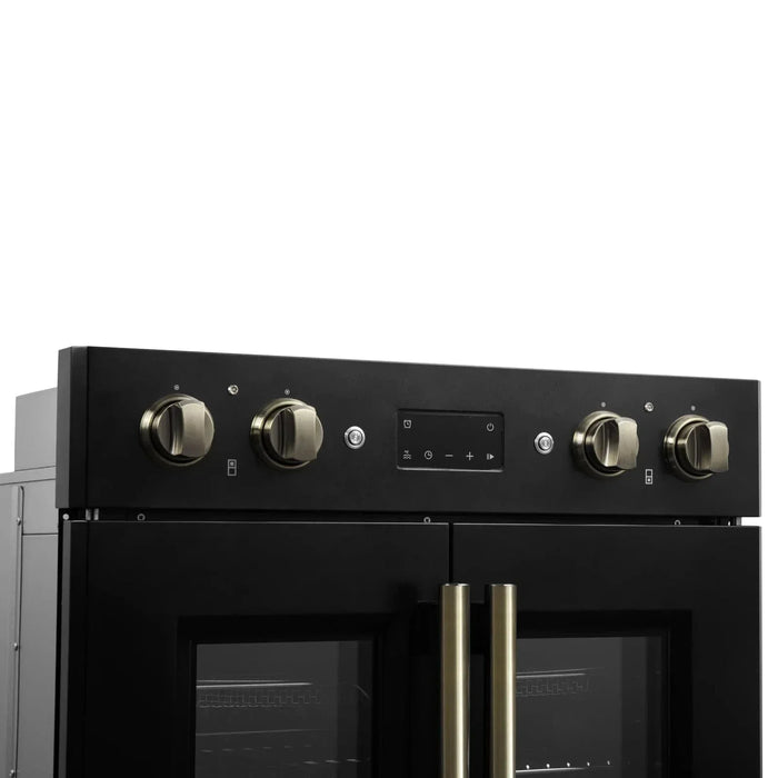 Forno Asti 30" Double Electric Wall Oven, Upper French Doors, Black with Antique Brass Trim, FBOEL1340-30BLK