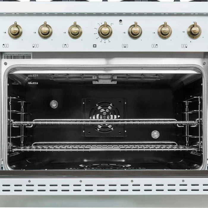 Forno Antico 36" Dual Fuel Range White and Antique Brass Design 6 Sealed Gas Burners Electric Convection Oven , FFSGS6113-36WHT