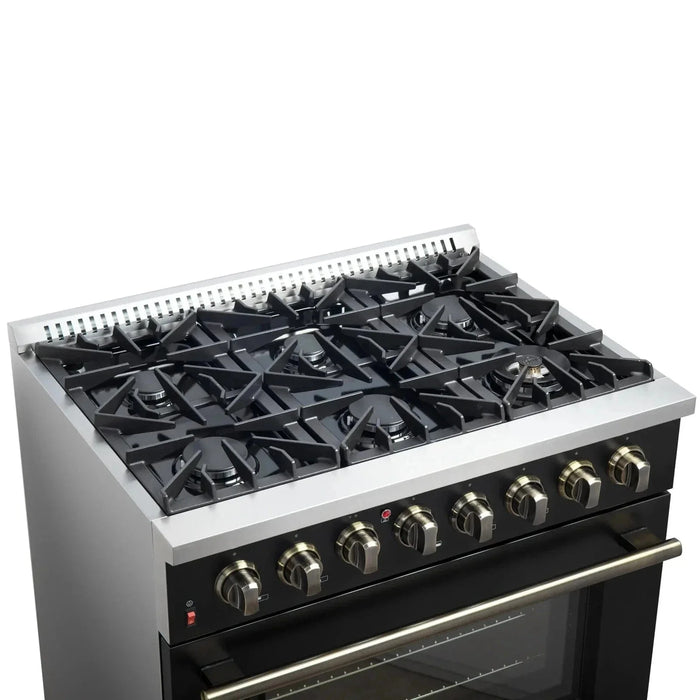 Forno Galiano Gold Professional - 36"Freestanding Dual Fuel Range Gas Stove, Electric Oven Black, Antique Brass Trim, FFSGS6156-36BLK