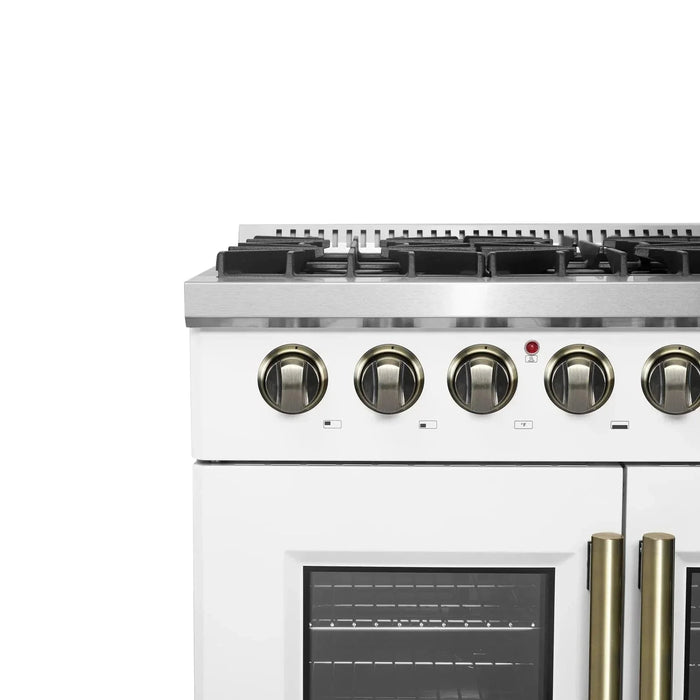 Forno Galiano 36"French DoorDual Fuel Range, Gas Stove, Electric Oven White, Antique Brass Trim, FFSGS6356-36WHT